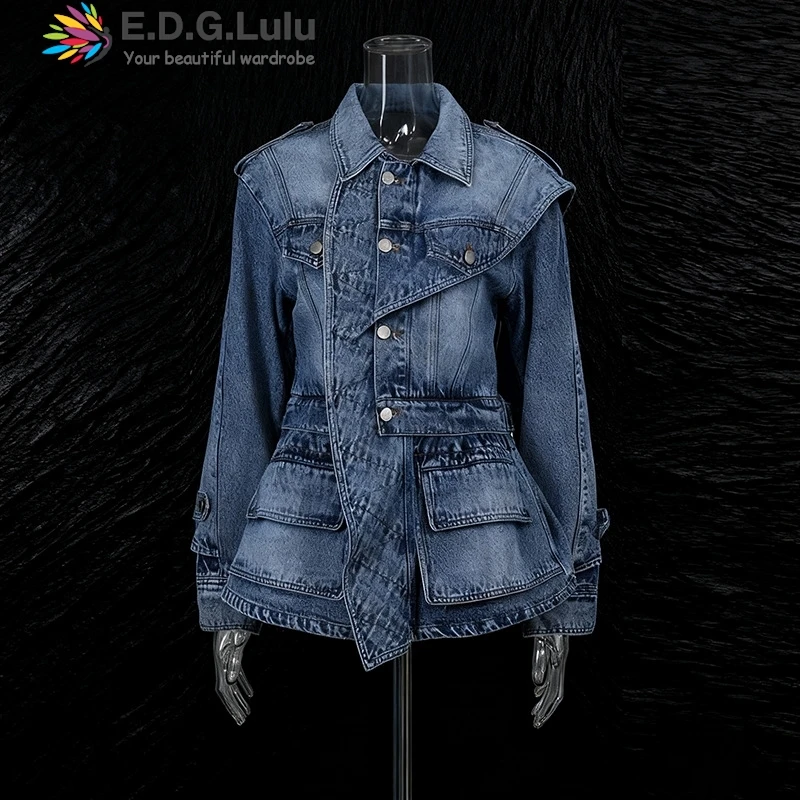 

EDGLuLu однобортная джинсовая куртка с отложным воротником, модный дизайн, лоскутное джинсовое пальто с рюшами и несколькими карманами 1017
