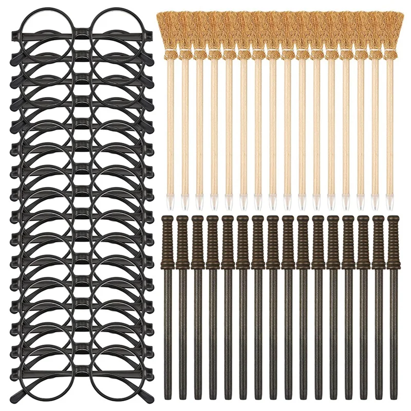 Wizard Wands Theme Party Supplies, Lápis e varinhas, Lápis e óculos, Frame redondo, sem lentes, vassoura, 48 pcs