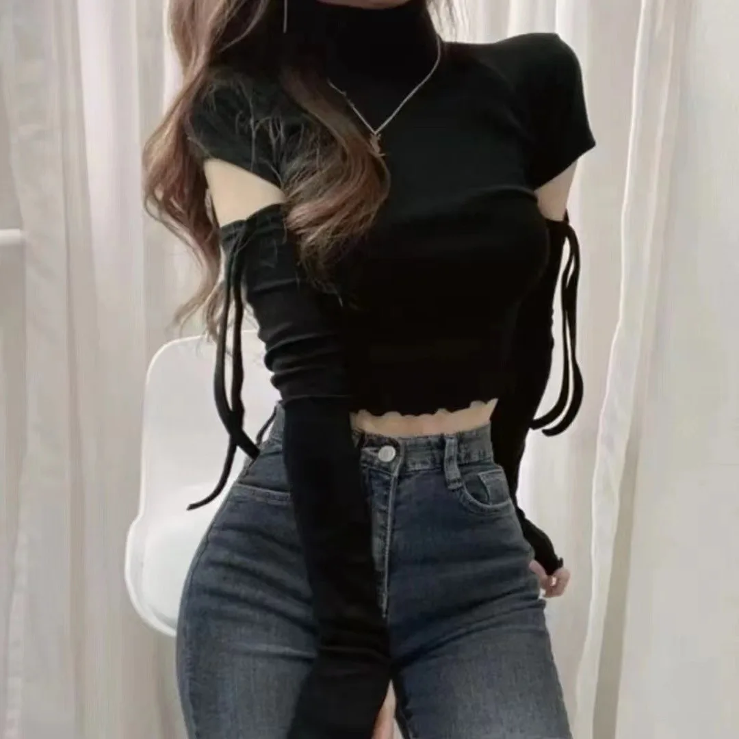 Trendy Korean Women Crop Top High Neck Long Sleeve Slit Cut Out Tie Up High Waist Instagram Style 2026 Fashion