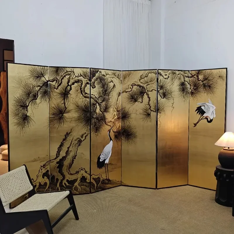 Japanese Gold Leaf Screens Room Dividers Pine Crane Painted Decorative Partition Wood Furniture for Living Room and Restaurant