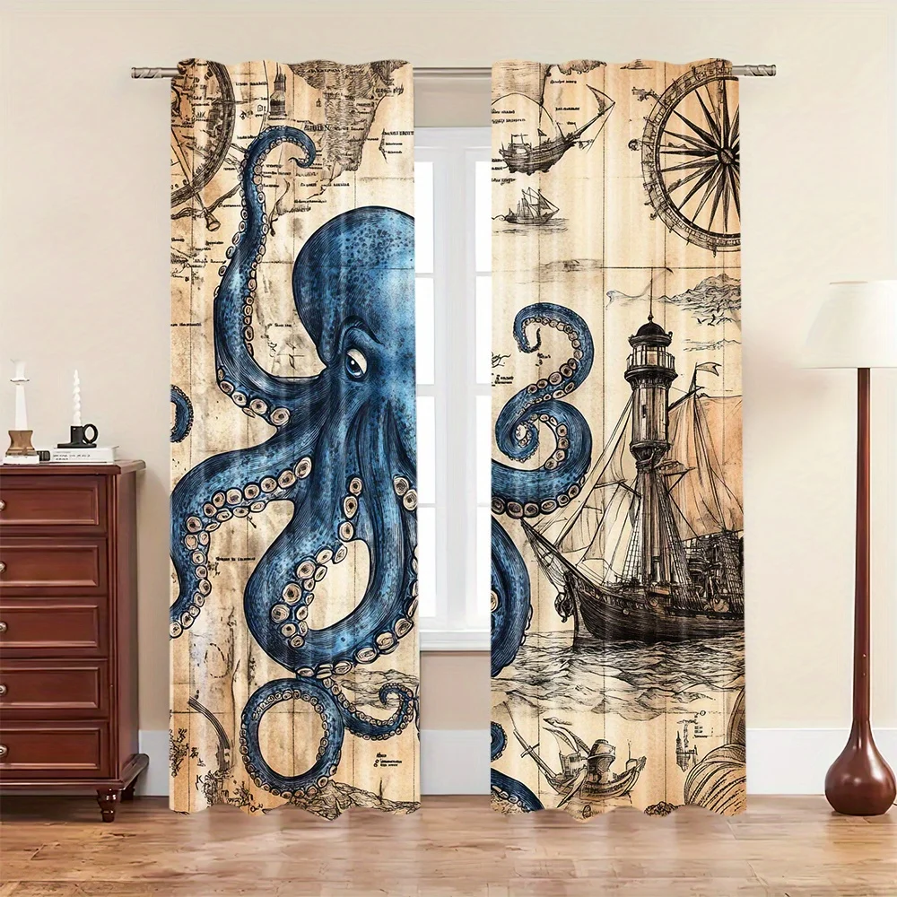 2pcs Vintage Nautical Map Curtains Octopus Ocean Theme Retro Seascape Boho Window Drapes Coastal Bathroom Curtain