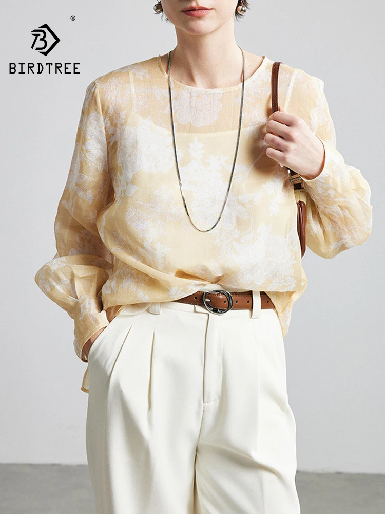 

BirdTree-100%Ramie Elegant Shirt, Long Sleeve O Neck Printed, Women French Casual Sheer Loose Blouse, 2026 Summer New T64429CC