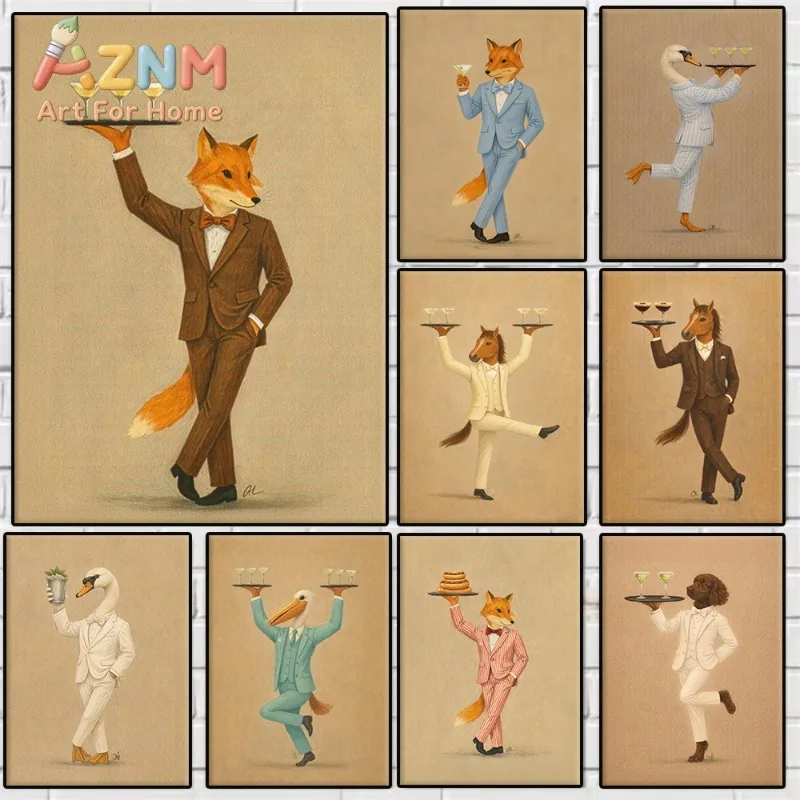 1pc frameless Vintage Funny Whimsical Animal Poster Fox Horse Raccoon Cocktail Waiter Canvas Painting Wall Art for Kitchen Bar R