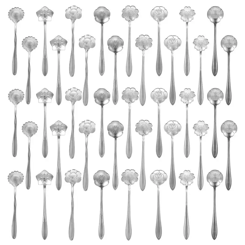 

ABXF-Floral 5-Inch Silver Spoons Set, 40Pcs Stainless Steel Coffee And Dessert Spoons For Tableware In Cafes And Kitchens