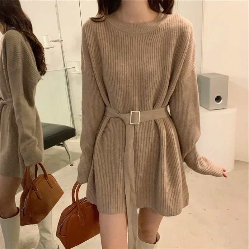 

Loose-Fit Crew Neck Trendy Base Layer Shirt Autumn Winter New Arrival Overhead Knit Ladies' Lazy Style Waist-Cinching Knit Dress