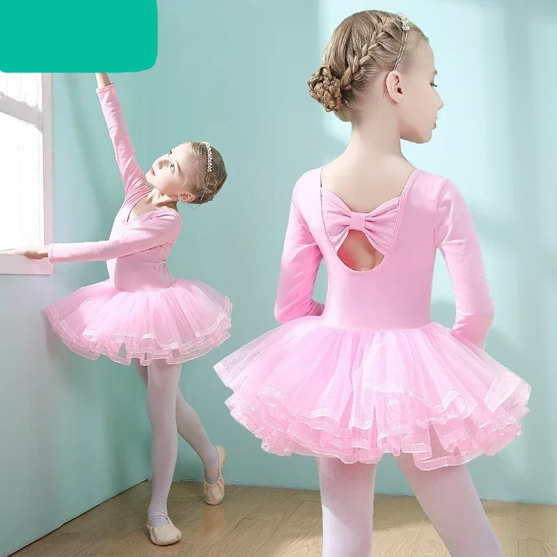 

Балетное платье для девочек, детская тренировочная юбка, Детский костюм, трико, Классическая танцевальная одежда, с коротким длинным рукавом
