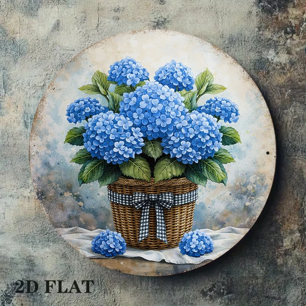 2D Flat, 1pc 8x8in/20x20cm 2D Flat Round Aluminum Sign, Vintage Aluminum Plaque Featuring a Blue Hydrangea Bouquet, Rustic Style