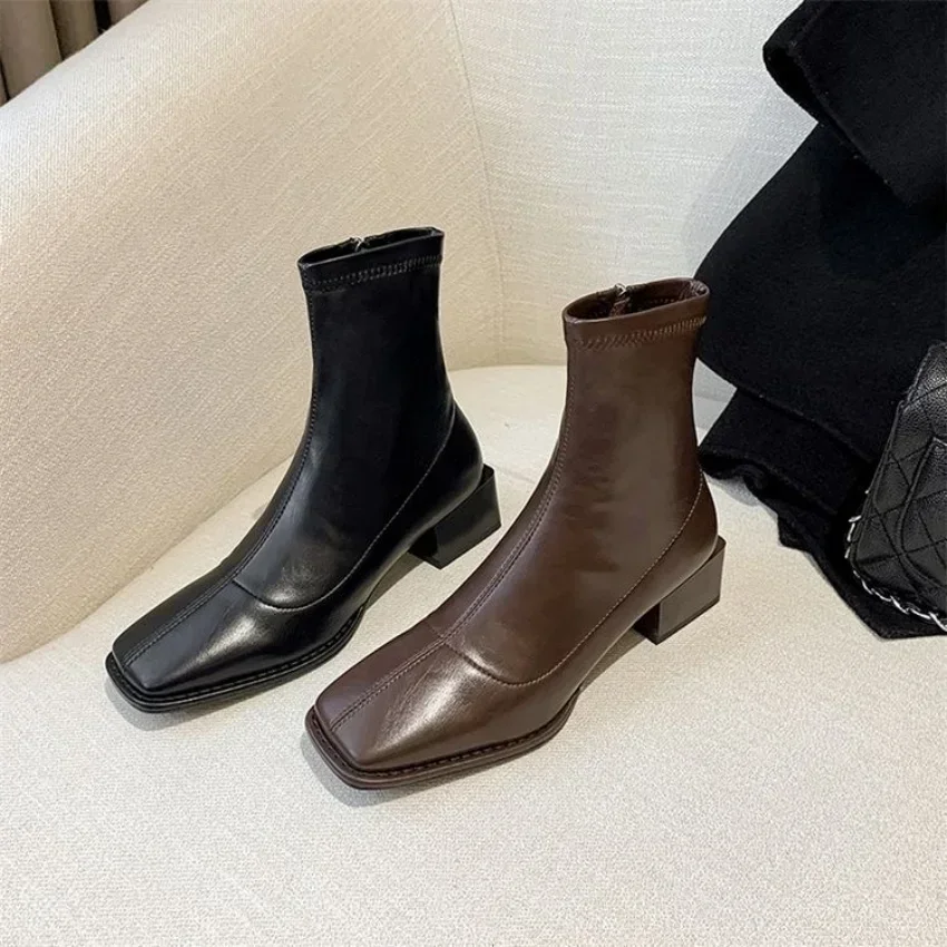 Women's square ankle boots 2025 new lean elastic boots Brown thick heel skinny shoes medium heel French bare boot