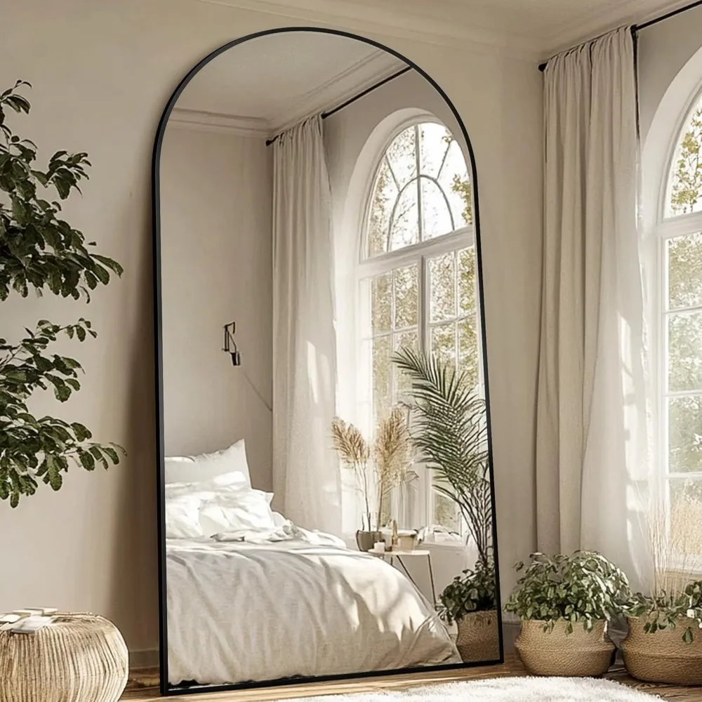 Übergroßer Bodenspiegel, 26 x 68 Bogenstil für Schlafzimmer, Wohnzimmer und Garderobe, schwarzer Rahmen, durchgehender Ständer