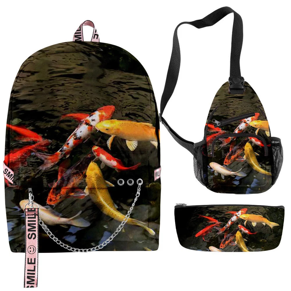 Classic Novelty Funny Cool Golden Carp 3D Print 3pcs/Set School Bags multifunction Travel Backpack Chest Bag Pencil Case