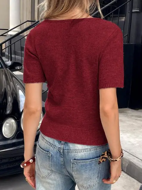

Summer Solid Color Square Neck Slim Fit Elegant Women's Knitted T-Shirt Casual Simple Short Knitted Sweater Short Sleeved Top