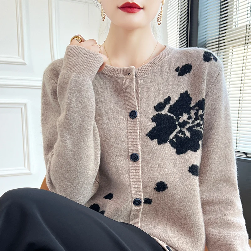 100% merino wool cardigan New cashmere sweater women\'s round neck cardigan in autumn and winter warm soft knit bottoming top