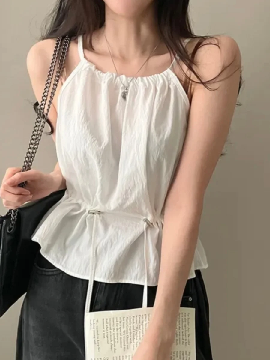 South korea Chic Summer Temperament Design Sense Solid  Drawstring Hanging Neck Sleeveless Sling Vest Top Women