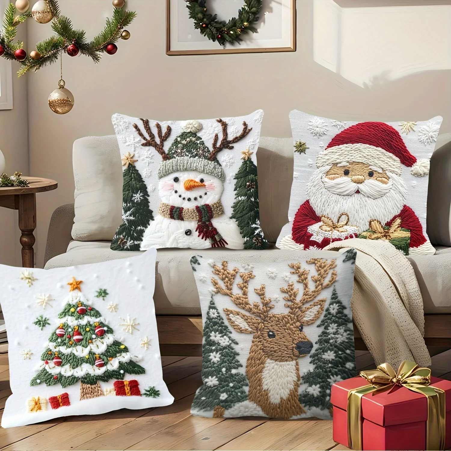 4-Piece Christmas Set Pillow Cover, Snowman With Hat Scarf, Red Santa Claus Set, * 18 Inches Zippered Closure, Hand Washable -