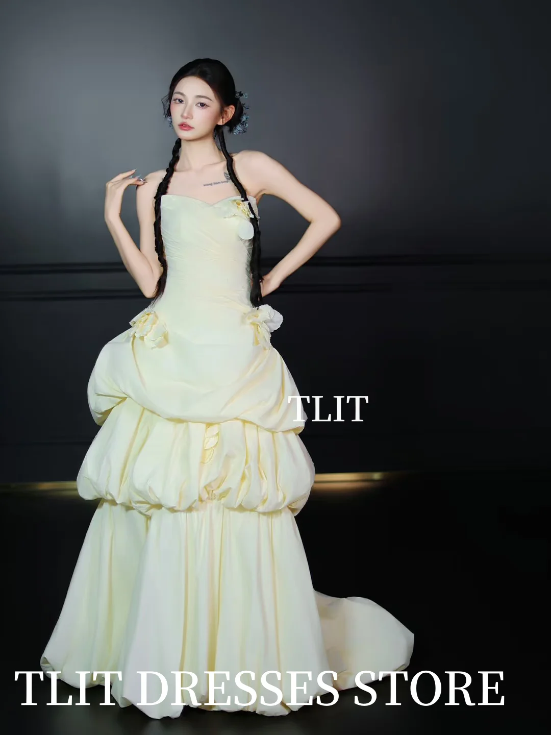 TLIT Elegante abito da sposa in raso con fiori giallo chiaro senza spalline a strati abito da ballo abito da sposa coreano foto riprese personalizzate