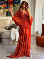Casual Pleated Women Long Dress Orange V-neck Long Batwing Sleeve Patchwork Female Dresses 2025 Spring Summer Party Lady Robe
