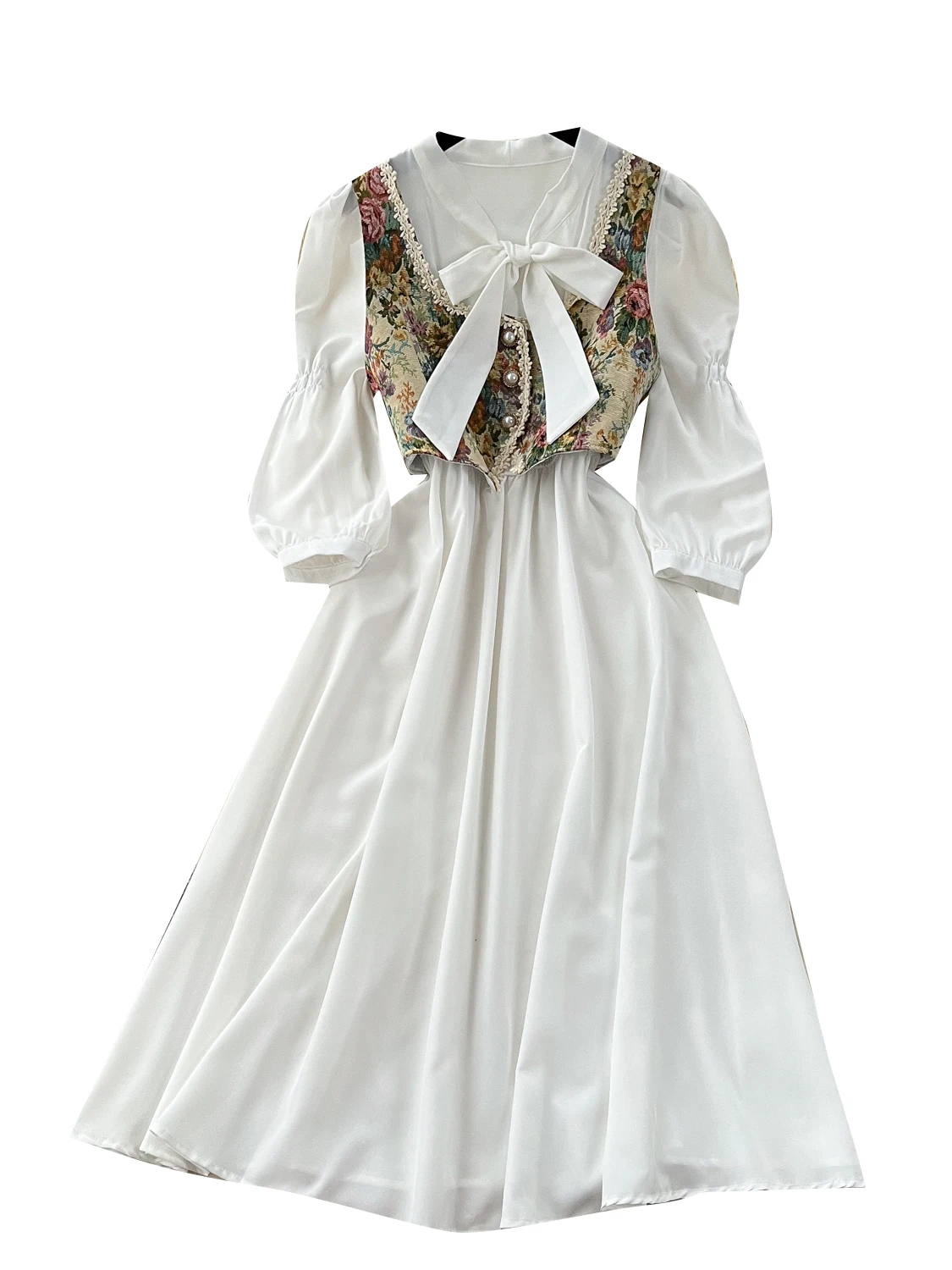 レトロな宮廷風レースパッチワーク刺繍ベストシャツ、バルーンスリーブ、レディースファッションセット、2025年夏トレンドのアウトフィットドレス