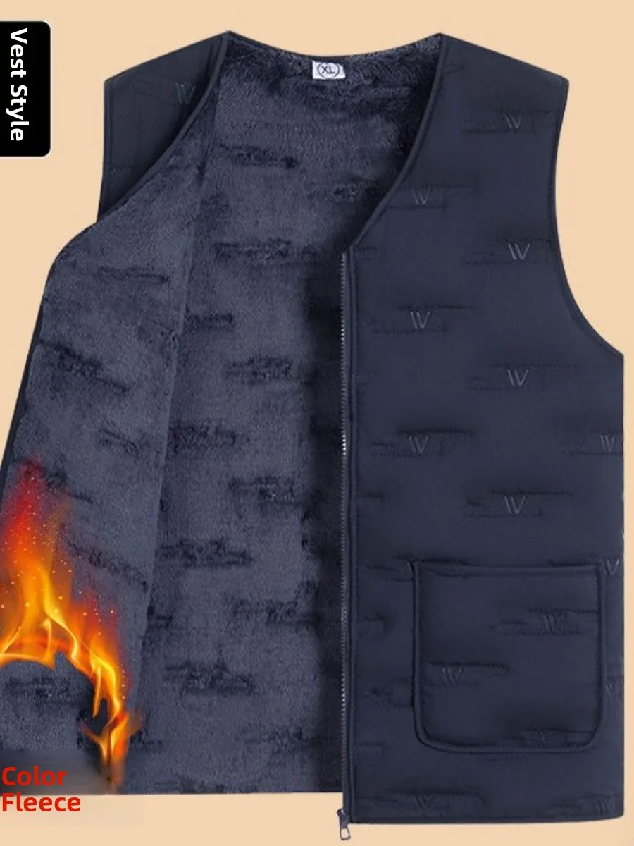 Thickened Fleece Warmth Men's Vest Winter down Cotton Jacket Elderly Inner Wear Urban Style V-Neck Zipper Closure Regular Length