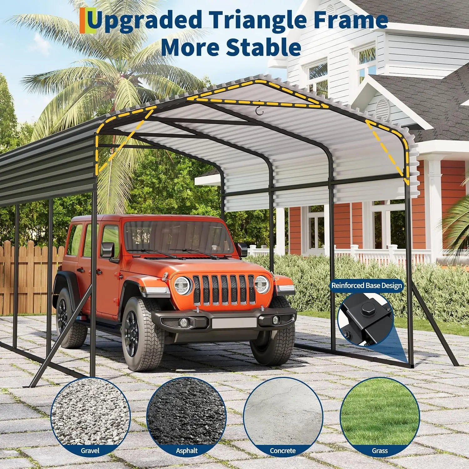 Heavy Duty Metal Carport with Reinforced Base Galvanized Steel Roof Outdoor Garage Car Shelter Customizable Shade for Vehicles