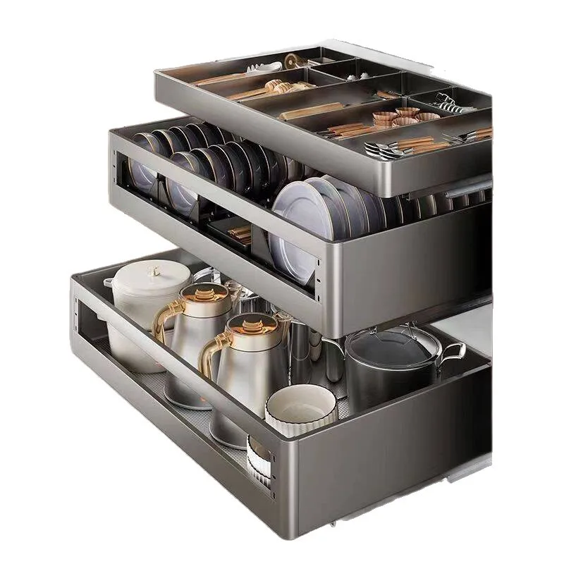 خزانة المطبخ، سلة قابلة للسحب، مساحة منزلية من ثلاث طبقات، أطباق من الألومنيوم المقاوم للصدأ، سلة تخزين من نوع درج #5