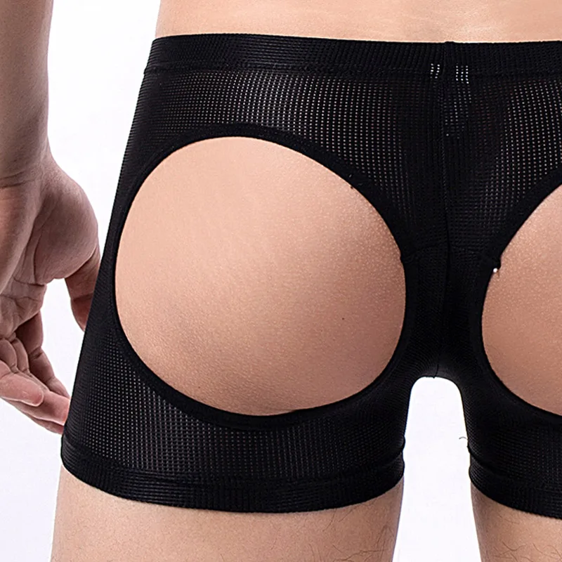 Men Boxers Underwear Sexy Bare Hip Male Panties Breathable Mesh Penis Pouch Boxershorts Men Underpants Funny Erotic Gay Lingerie