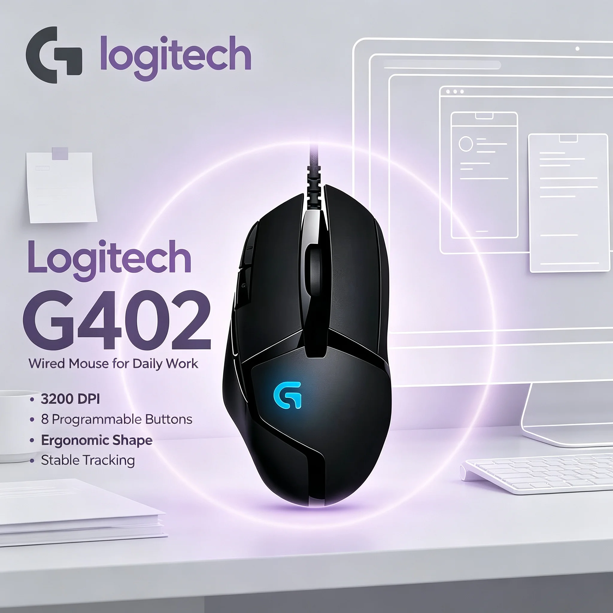 Logitech G402 Hyperion Fury Gaming Wired Mouse 8 Programmable Function Buttons High Tracking Speed For Home Office Gaming Dual‑U