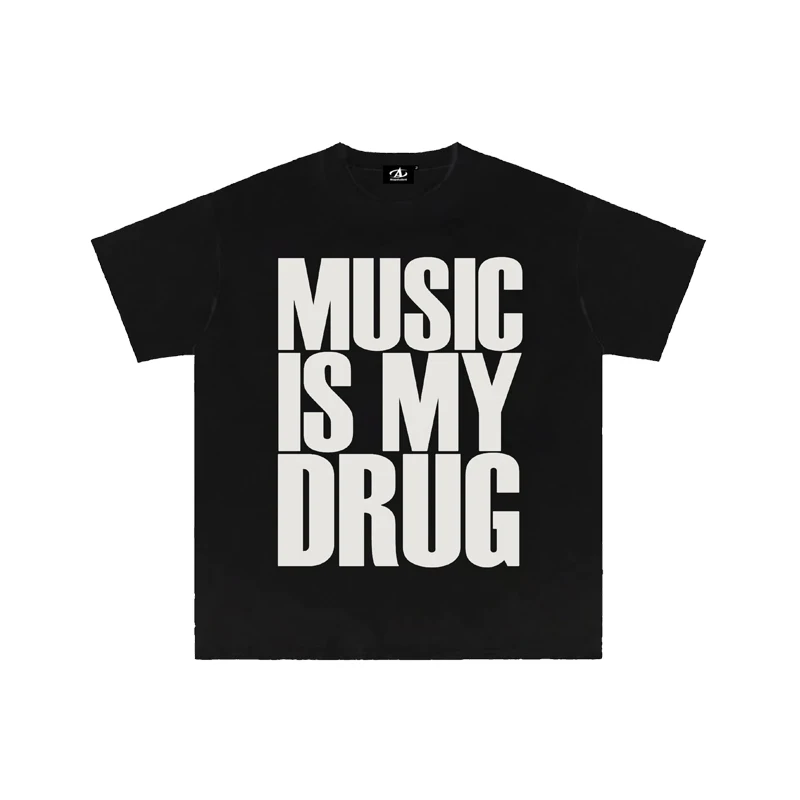 

Мужская футболка из чистого хлопка, футболка с короткими рукавами и надписью «Music is my drug», Harajuku y2k, повседневная футболка с круглым вырезом и короткими рукавами, унисекс