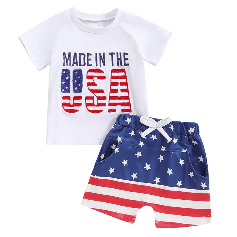 

4th of July Toddler Boys Outfits Letter Embroidery Short Sleeve T-Shirts Stripe Star Print Elastic Waist Shorts 2Pcs Clothes Set