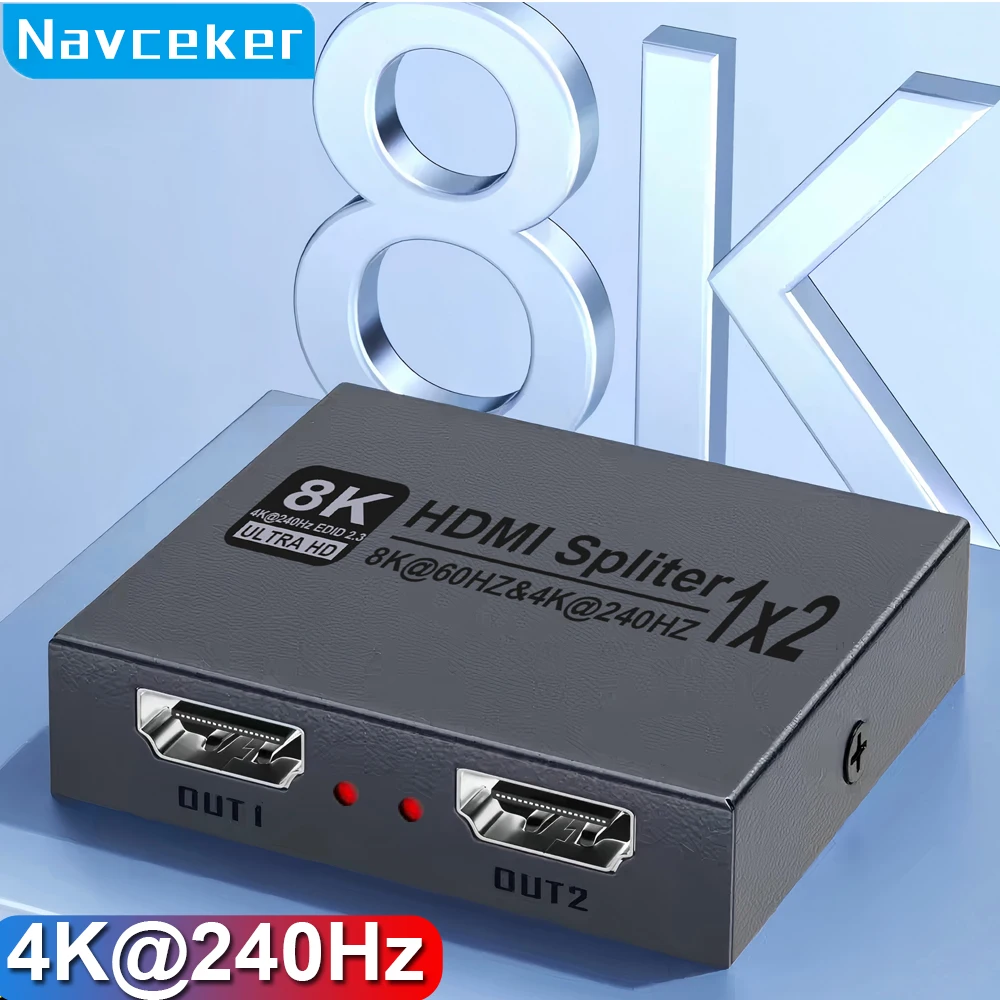 Navceker 1 in 2 Out 8K HDMI Splitter 4K 240Hz Audio Splitter HDMI 2.1 Cable Adapter 1x2 For PS5 Laptop Monitor TV Box Projector