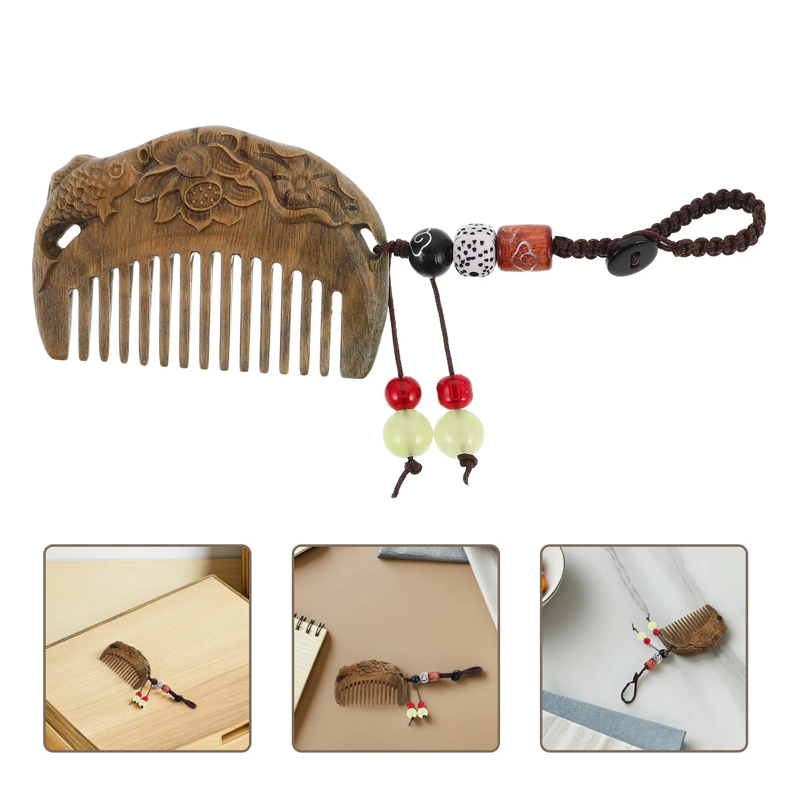 Sandalwood Hair Comb Mini Pocket Carved Lotus Fish Pattern Portable Travel Size Vintage Chinese Style Keychain Ornament