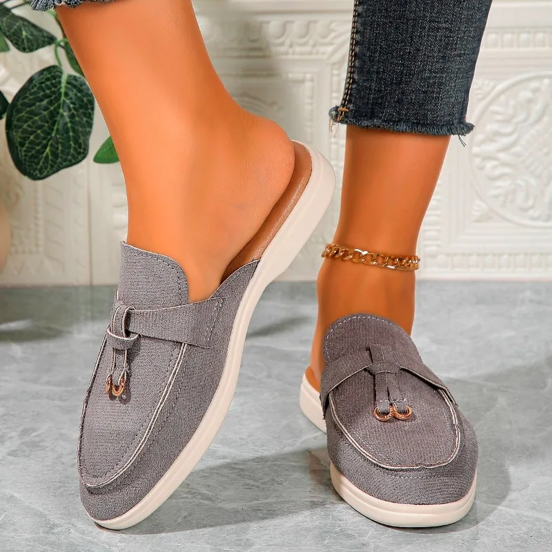 New Casual Flat Bottom Mules Lock Tassel Loafers Women Single Shoes Brand Metal Buckle Slipper Comfortable Slip on Shoes Fashion