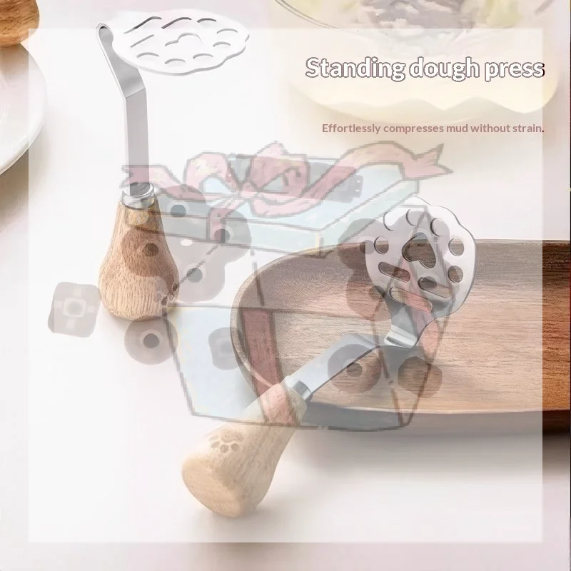 Stainless Steel Potato Masher With Wooden Handle, Food Grade Potato Masher Tool For Home Baking, 12.5x5.5cm, 430 Stainless Steel