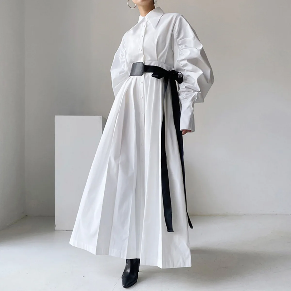 KWTX 2025 여성 빈티지 우아한 셔츠 드레스 긴 퍼프 소매 라펠 벨트 솔리드 컬러 시크 편안한 프리미엄 품질 가을