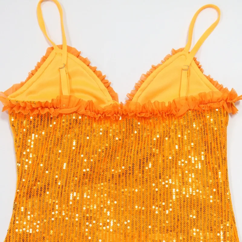 Sukienka mini na ramiączkach z falbankami i cekinami, damska, seksowna, z wycięciami, na ramiączkach spaghetti, bez pleców, obcisła, na imprezę w klubie nocnym, na urodziny.