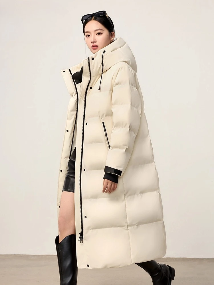 Chaqueta de plumón para mujer, abrigo holgado y cálido con capucha, largo y grueso, invierno, 2025