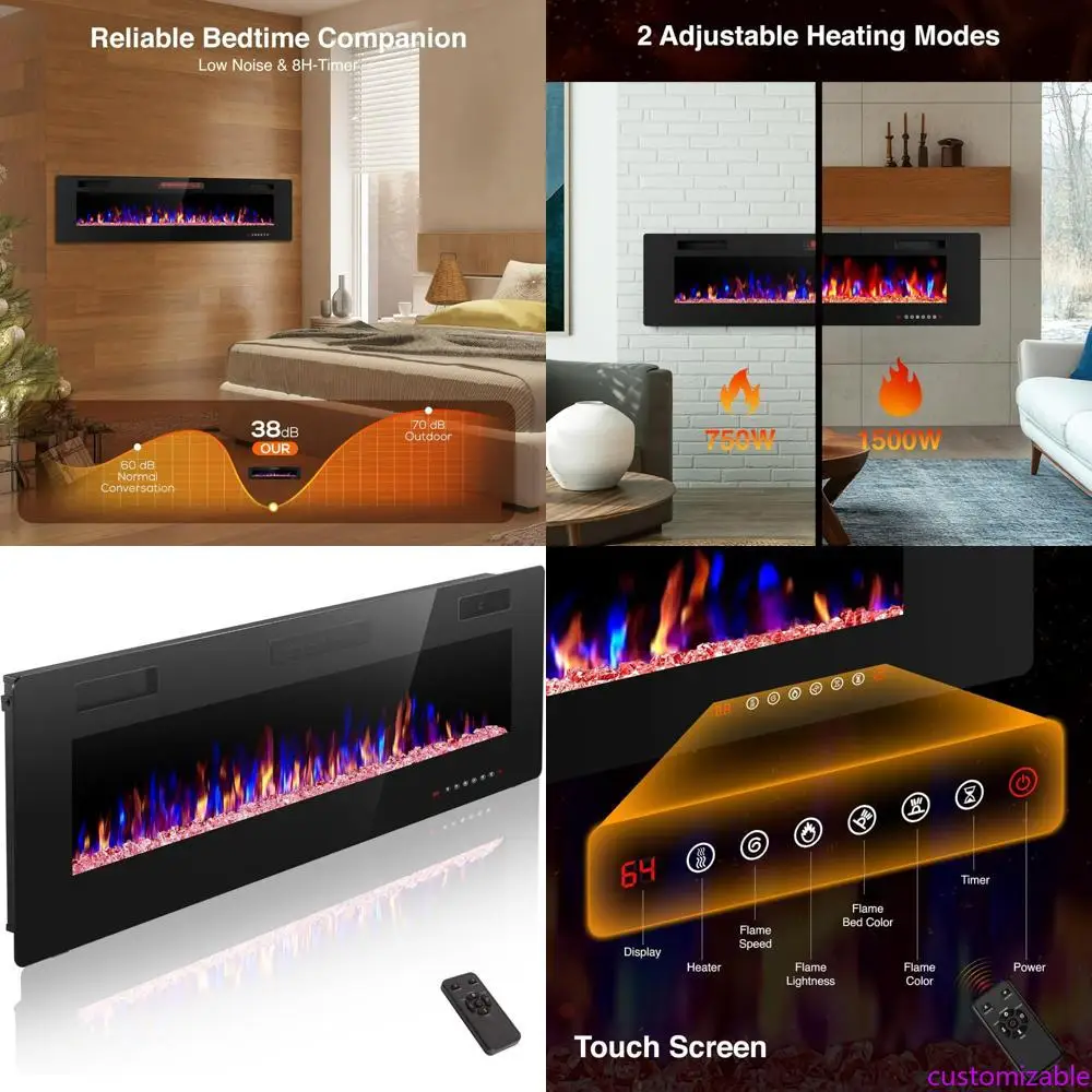 

60-дюймовый тонкий встраиваемый настенный электрический камин с подогревом 750/1500 Вт, пультом дистанционного управления, таймером и регулируемым цветом пламени