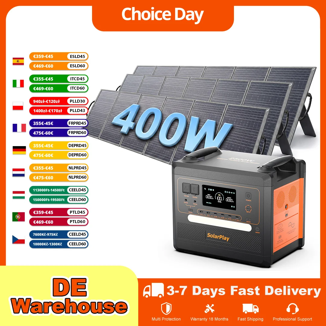 SolarPlay 400W Solarpanel Q2402M Tragbare Powerstation Kit 2500W 2304Wh Solargenerator LiFePO4 Batterie Notstromversorgung für Camping Mobile Stromversorgung Zuhause