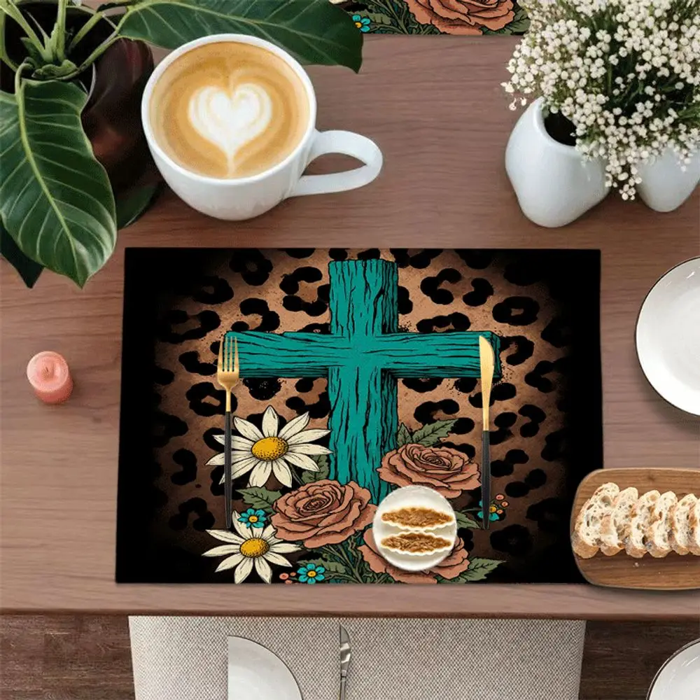 Leopard Cross Flower Placemats Set of 4 Linen Look Western Religious Theme Table Mats for Dining Kitchen Decor