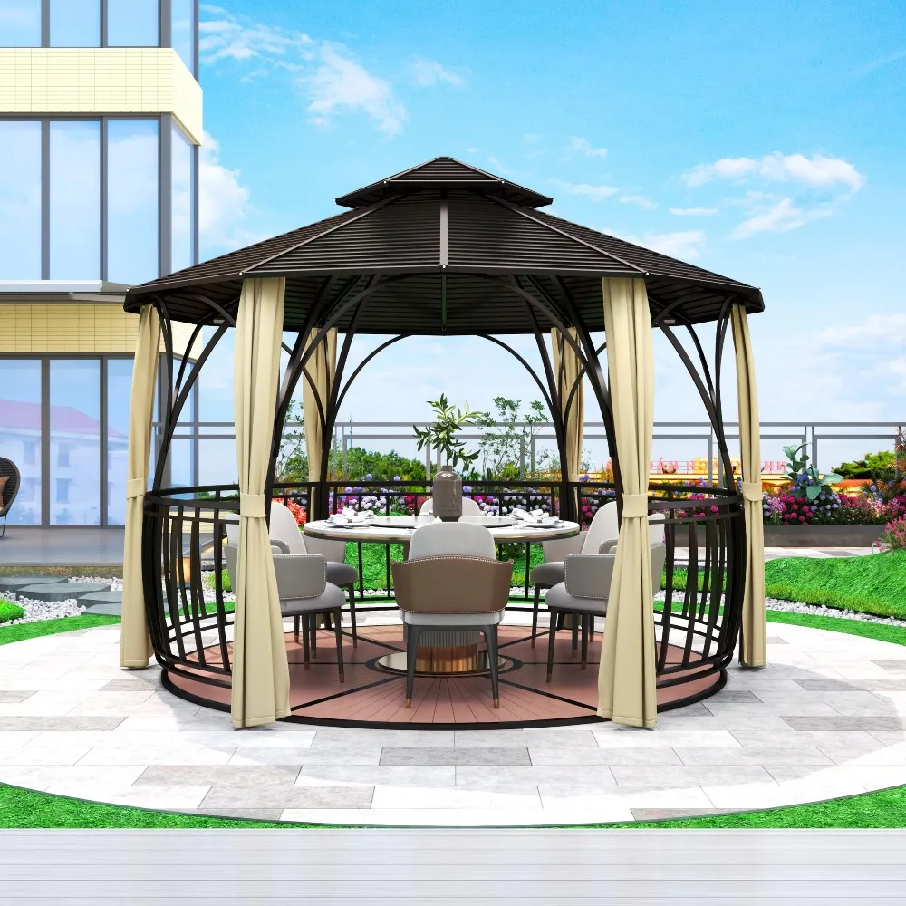 

Round Metal Gazebo For Patio Party, Galvanized Steel Gazebo With Curtains, Cast Iron Waterproof Outdoor Pavilion
