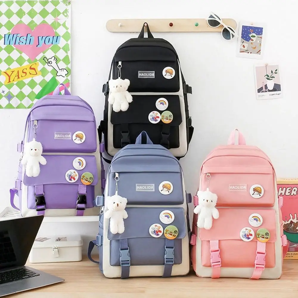 5pcs/set Kawaii School Backpack Set Canvas Student Bookbag Tote Bag Pencil Case Storage Pouch Cute Bear Pendant Teen Girls Bags