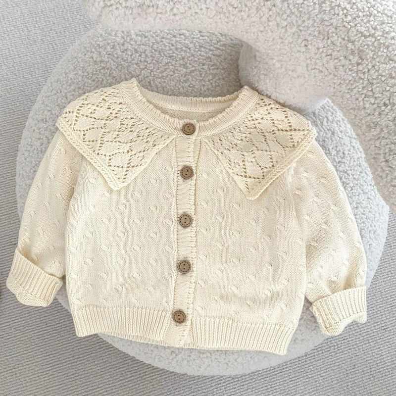 Nuovi vestiti per bambini autunnali, bambino femminile di 0-3 anni, maglione lavorato a maglia in filato di cotone con giacca con colletto grande