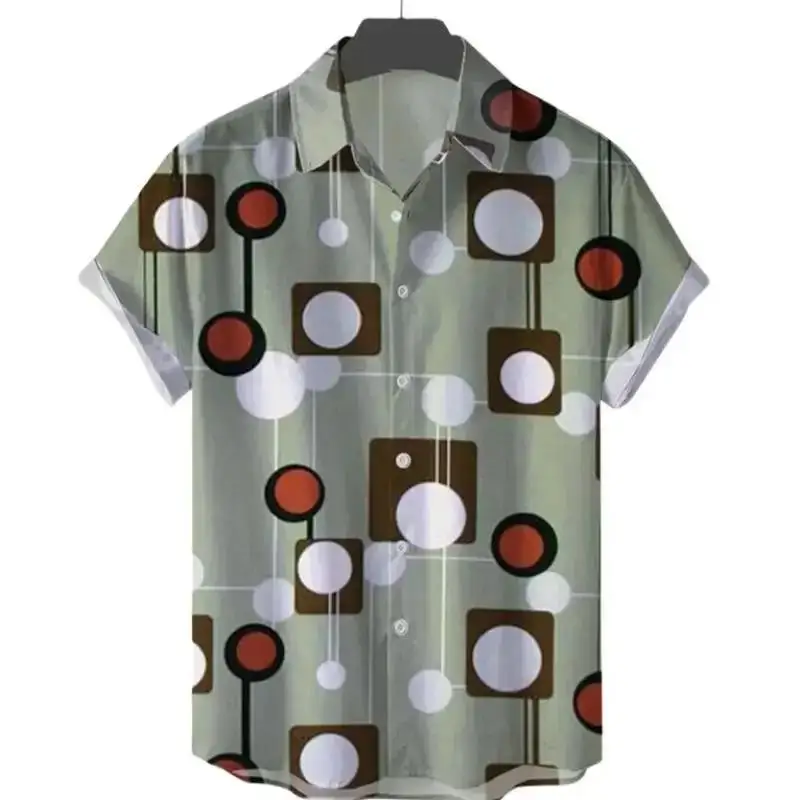 Men's Geometric Graffiti All Over Print Short Sleeve Lapel Shirt Abstract Art Design Loose Summer Beach Casual Tops Men Clothing