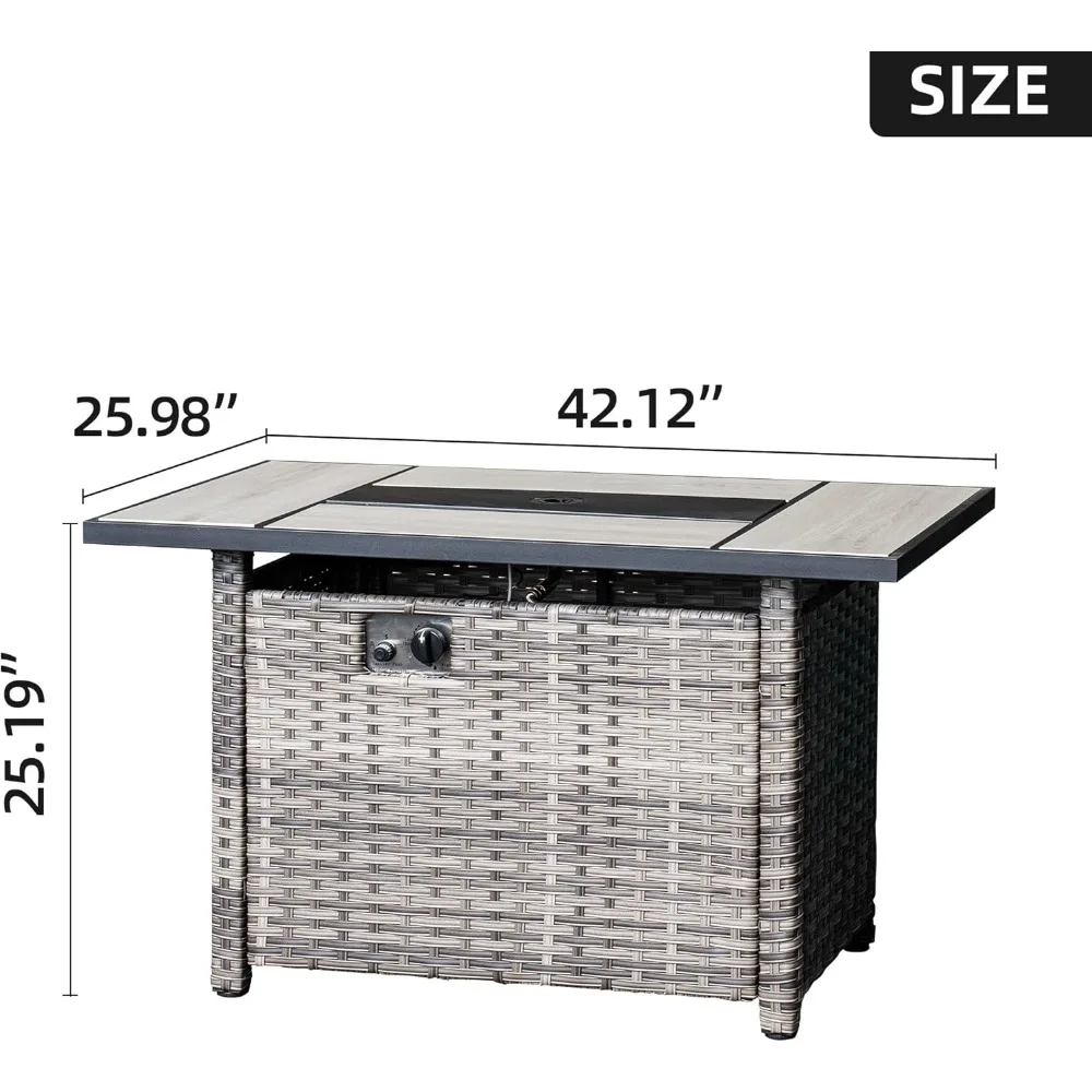 Outdoor Fire Pit Table,  Gas Fire Pit Table, 50,000 BTU Steel with Lid & Volcanic Rock Wicker Rattan, 42 Inch Fire Pit