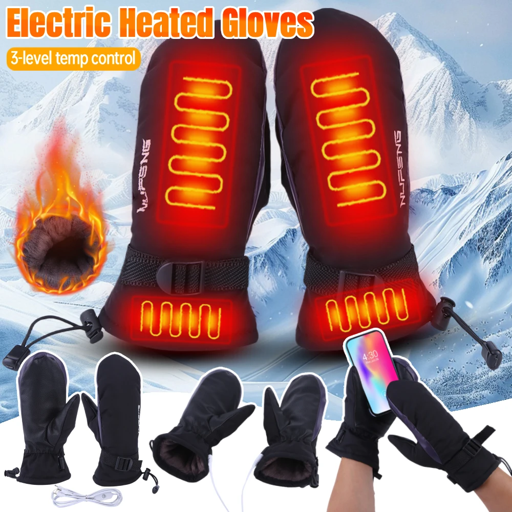 

Electric Heating Gloves 3-Gear Temperature USB Heated Motorcycle Gloves Hand Warmer Cold-Proof Skiing Mitten for Climbing Hiking