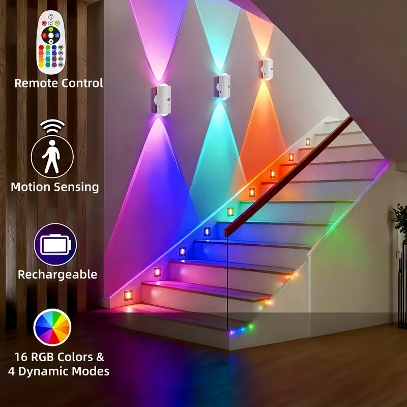 Luz de Parede LED Magnética Recarregável com Sensor de Movimento Inteligente RGB, 16 Cores, Regulável, com Controle Remoto para Escadas, Quarto e Corr