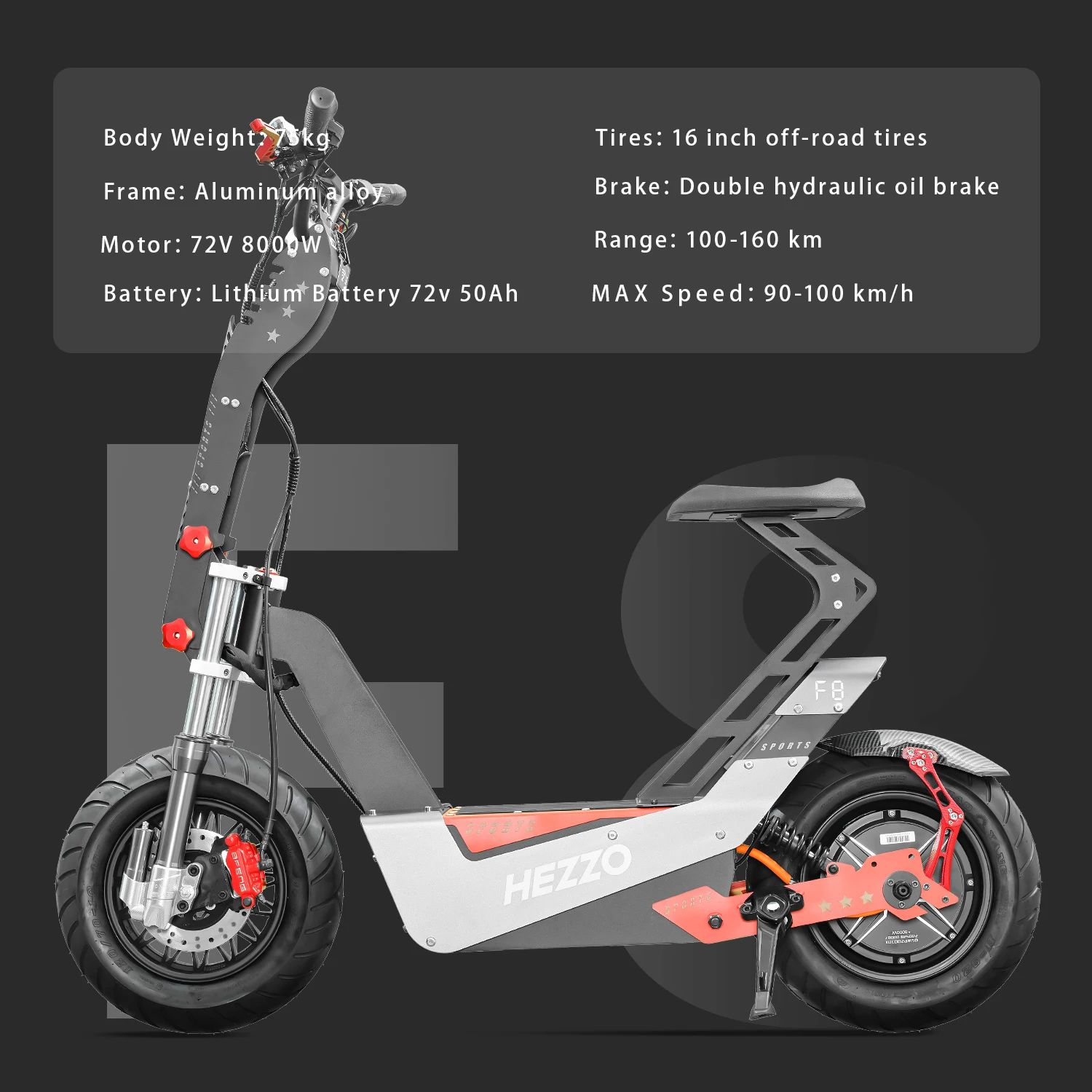 8000W rear wheel drive electric scooter with 16 inch off-road tires and 50Ah rear wheel drive for 93 miles, foldable adult elect