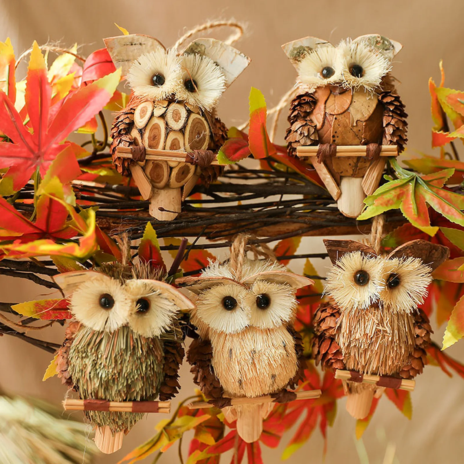 Half-body Three-dimensional Owl Pendant Garden Christmas Ornament Grass 5pcs Straw  Wood  Foam Material Holiday Scene Decoration