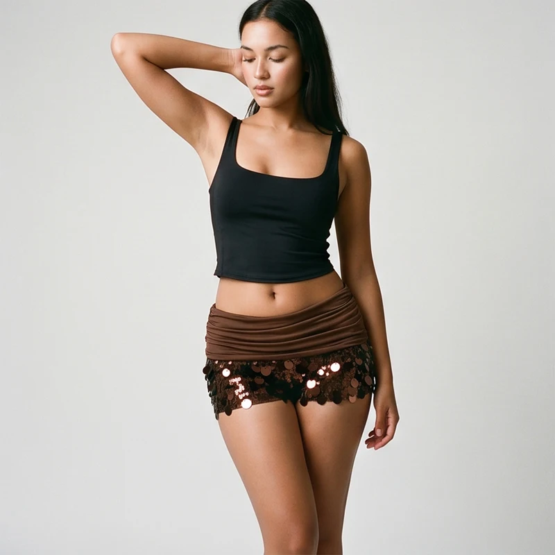 Sexy Brown Sequin Mini Skirt for Women, Low-Rise Ruched Fold-Over Waist, Large Sequins Scalloped Hem Bodycon Micro Skirt