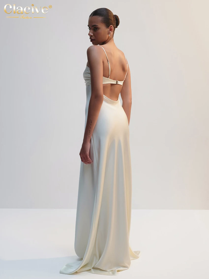 Clacive-vestido Sexy holgado de satén blanco para mujer, vestido largo sin mangas con tirantes, elegante, clásico, calado, para verano 2026