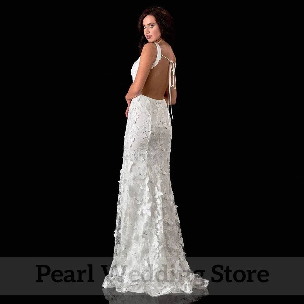 Handmade Butterfly Lace Wedding Dress Sexy Backless Lace-Up Side Slit Mermaid Bridal Marriage Gowns V Neck Sleeveless Rode